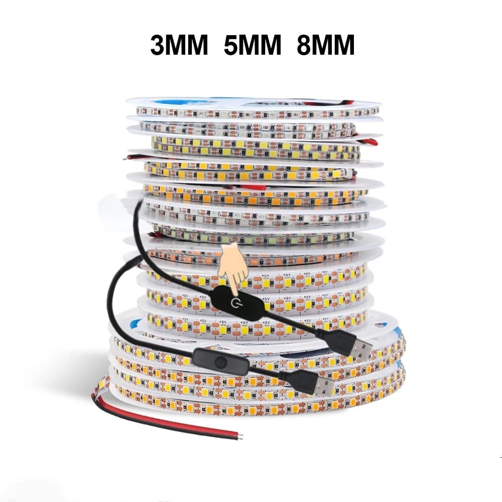 Bande lumineuse LED USB à intensité variable, DC5V, 3MM, 5MM, 8MM, largeur PCB, corde Flexible, 2835