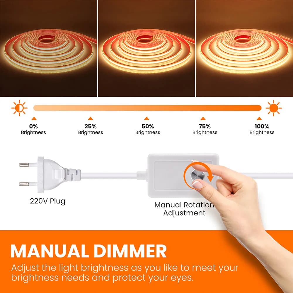 Bande lumineuse LED COB à intensité variable, 220V, Flexible, avec variateur, Kit d'alimentation, 28