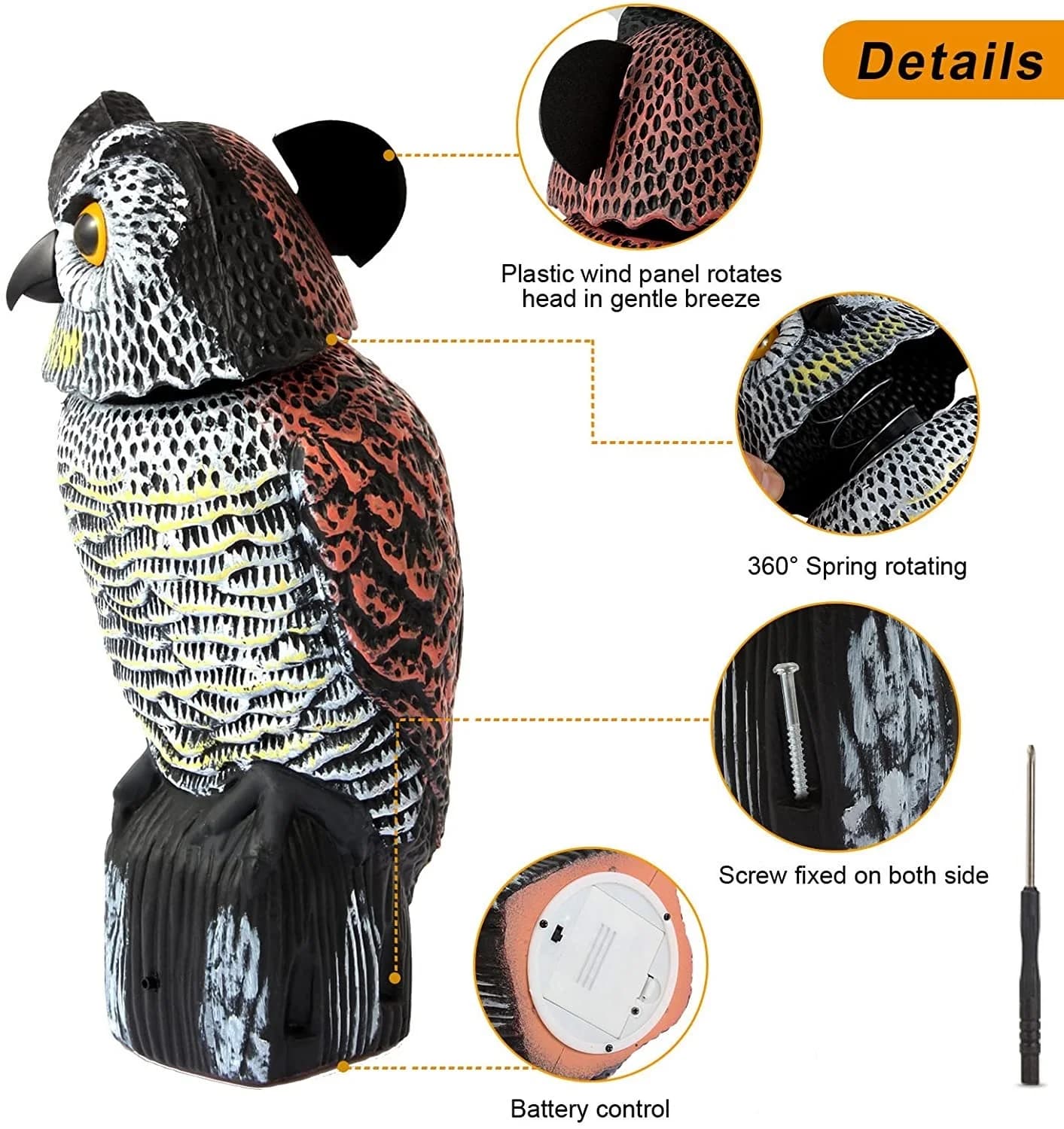 Faux leurre de hibou en plastique, Sculpture d'épouvantail avec tête rotative et son pour jardin, co