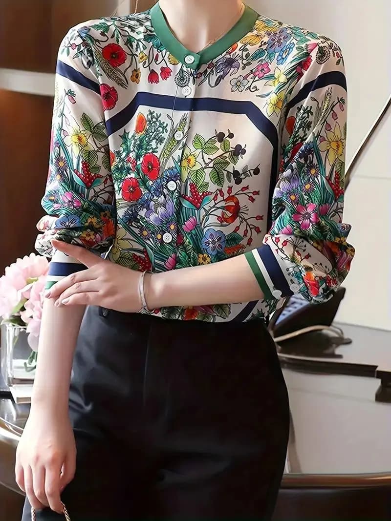 Style chinois fleur imprimé dames chemises mode femmes blouses printemps été à manches longues hauts