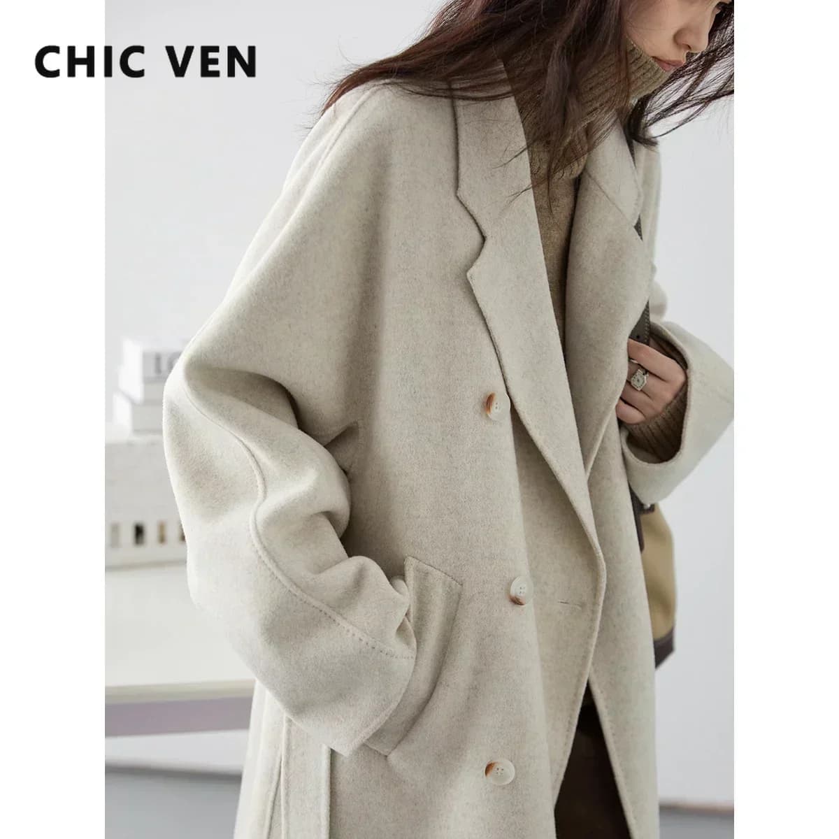 CHIC VEN – manteaux longs en laine Double face pour femme, pardessus rétro ample, Double boutonnage,