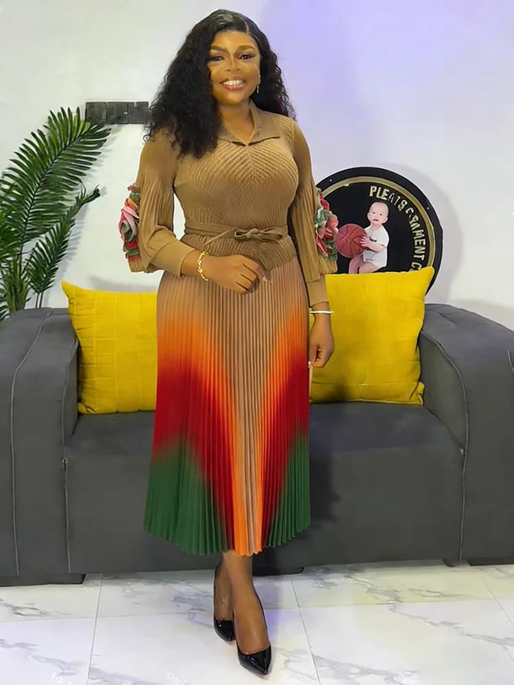 EGRM – robe Miyaki à revers, manches lanternes, ceinture, taille amincissante, dégradé plissé, jupe 