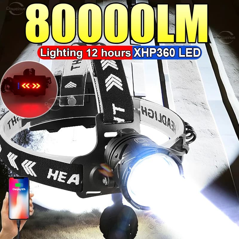 8000LM lampe frontale puissante USB Rechargeable phare lampe de poche grande ouverture XHP360 LED la