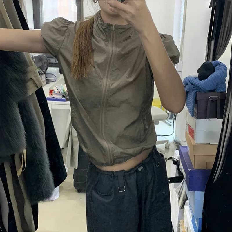Karr233-T-shirt Cargo Japonais Y2k, Veste Fine à Manches Courtes avec Fermeture Éclair, Protection S