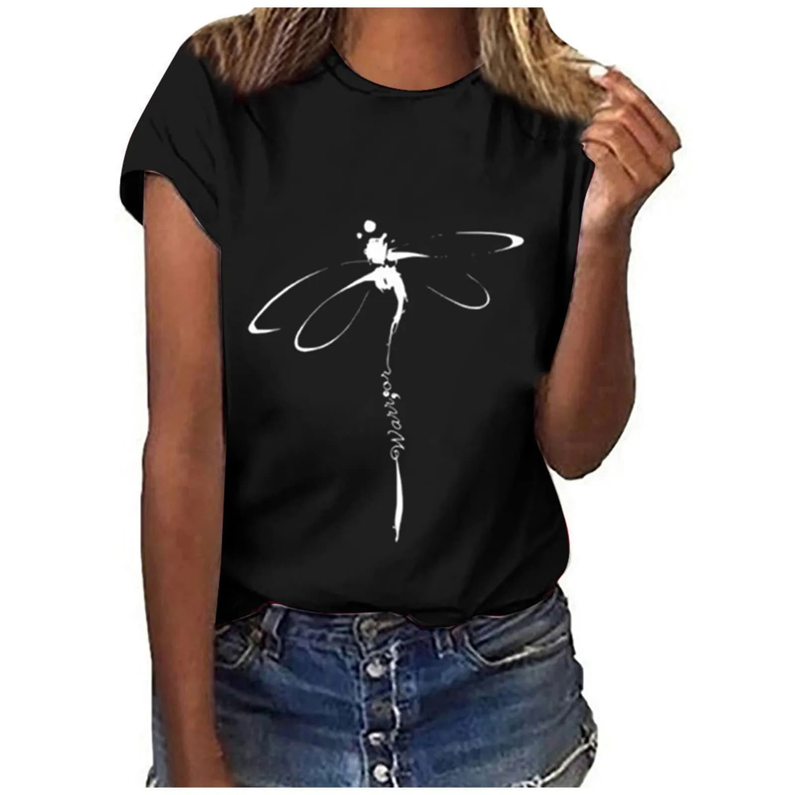 Hauts libellule imprimé col Original chemise de Base décontractée à manches courtes femmes T-shirt s