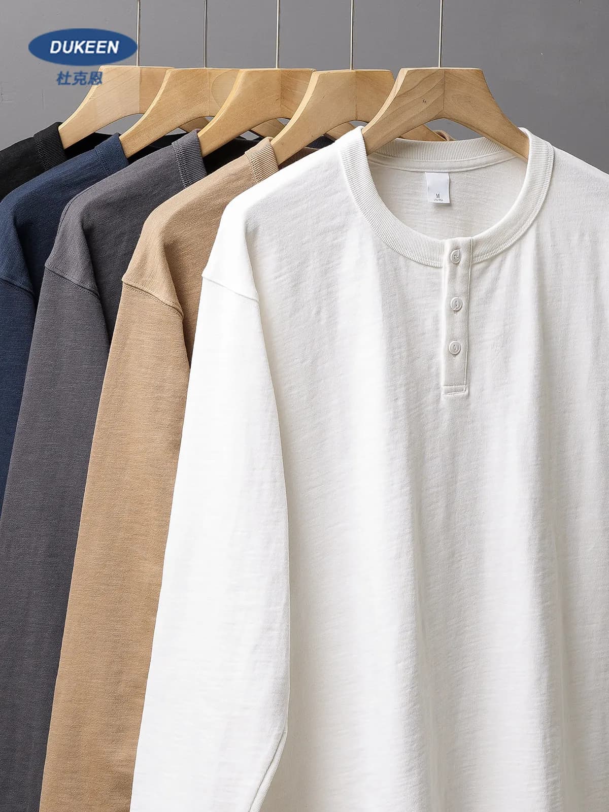 DUKEEN T-shirt à manches longues en coton lourd 320 g pour homme, style Henley, couleur unie, style 