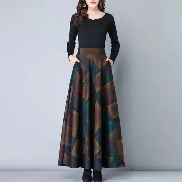 Automne hiver laine jupe à carreaux femmes longue a-ligne grand ourlet robe taille haute jupe longue