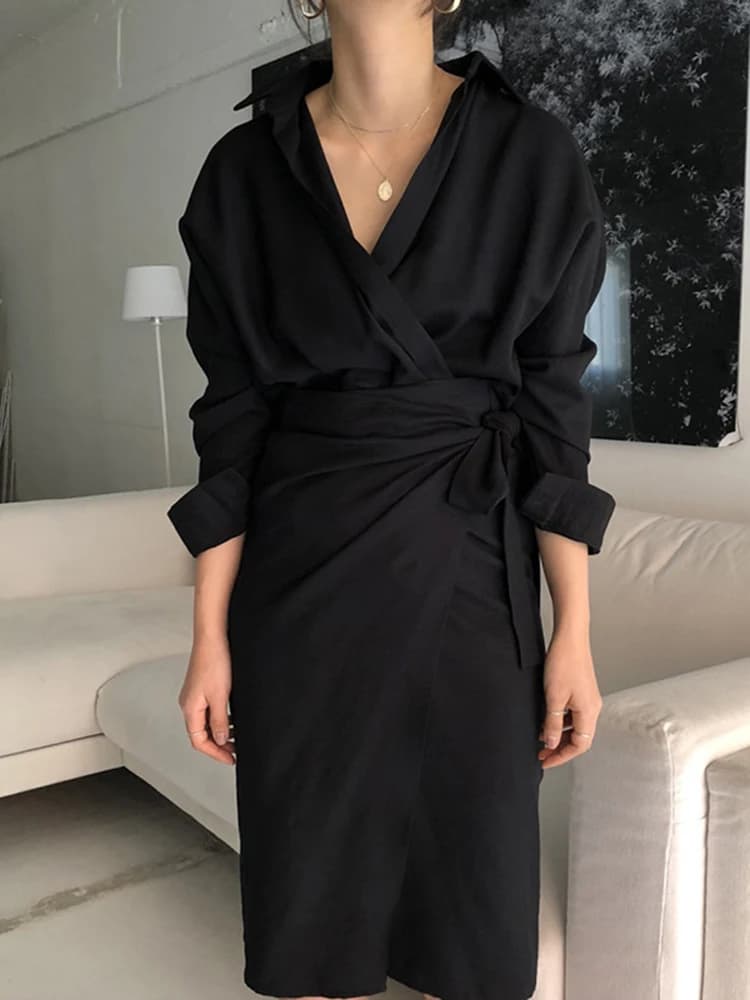 TWOTWurea YLE-Robe coréenne froncée à lacets pour femmes, col en V, manches longues, taille haute, f