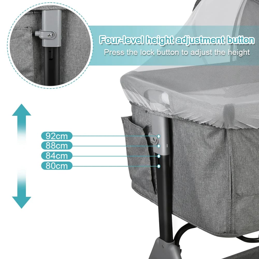 Lit Bébé jusqu'à 9 kg, Cododo Bébé, Réglage de la Hauteur 4 Hauteurs, Inclinaison, 4 Roulettes avec 