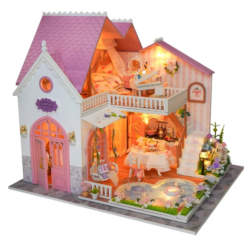 Kits de modèles miniatures de villa princesse rose en bois à faire soi-même avec meubles, maison de 
