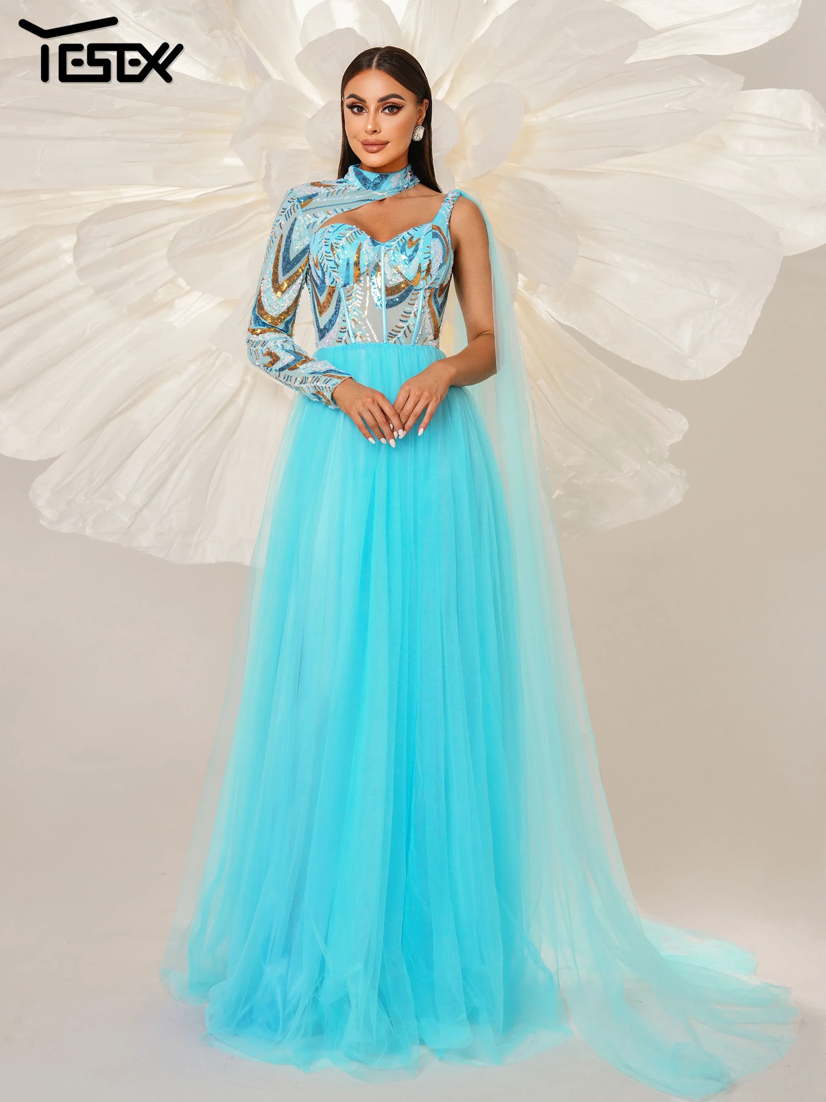 Robe de soirée asymétrique en tulle bleu Yesexy 2025, nouvelle collection, pour mariage, anniversair
