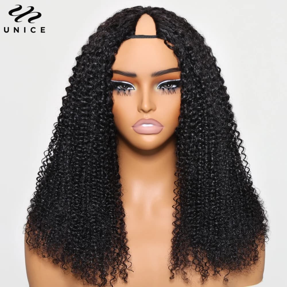 UNice crépus bouclés V partie perruque avec cordon 100% perruques de cheveux humains débutant adapté