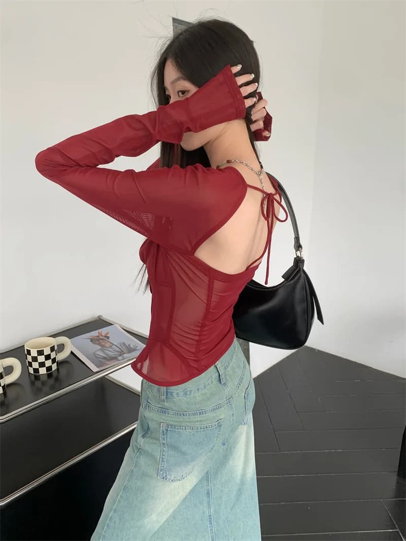 Contest ERART-Chemisier à manches longues dos nu pour femme, corset à col carré, haut en maille fron