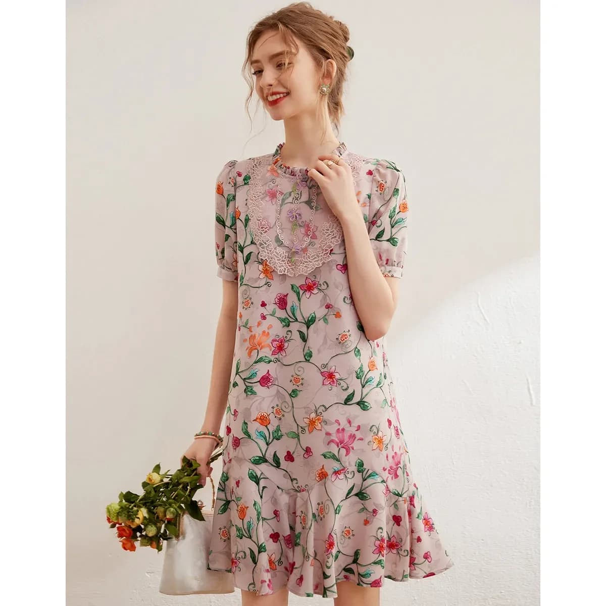 Modiis Yao-Robe florale brodée élégante, dentelle perlée, col rond, manches courtes, robe courte A-L
