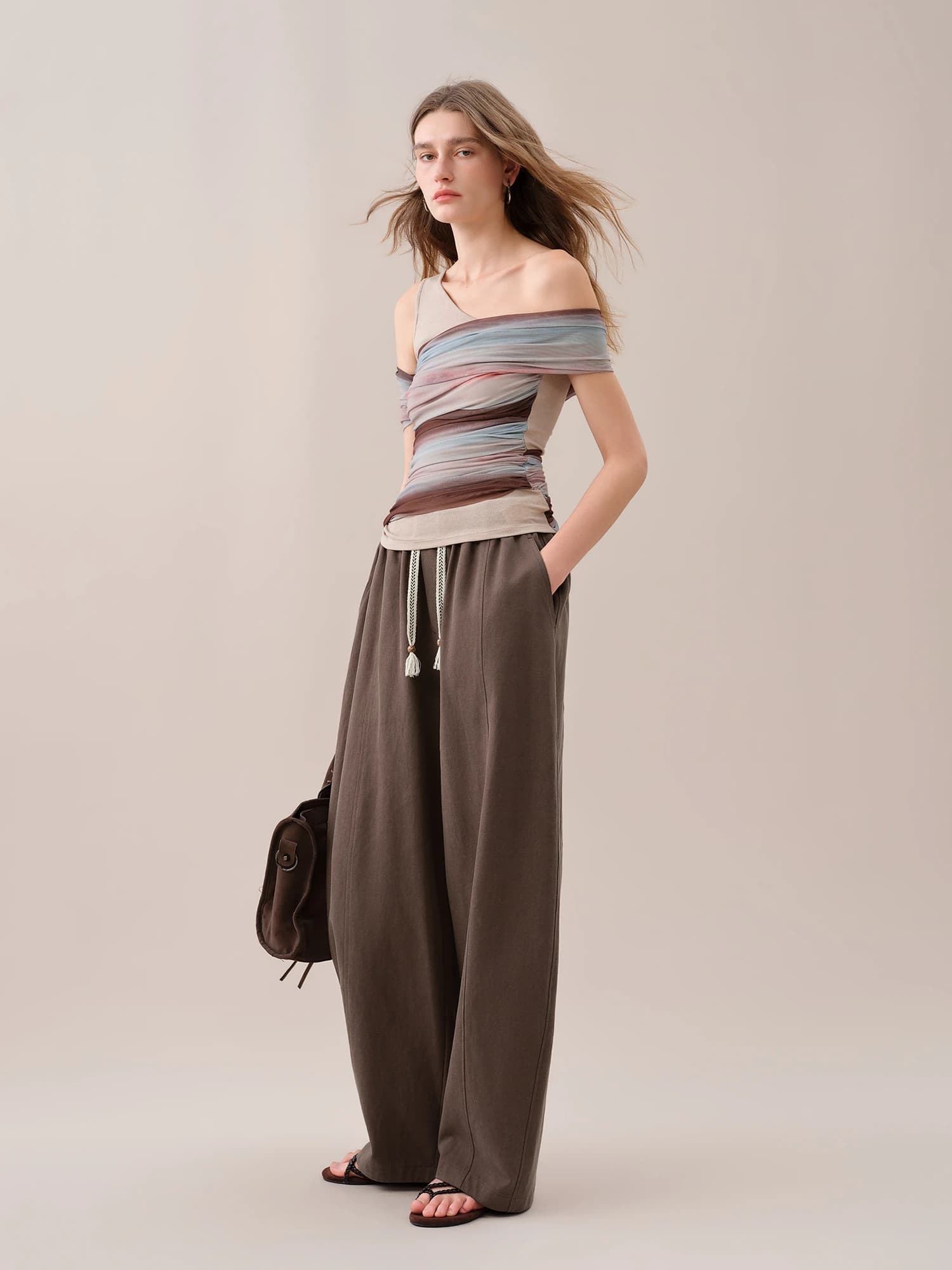FSLE【Série Premium】Pantalon large décontracté pour femme, coupe ample, taille élastique, collection 
