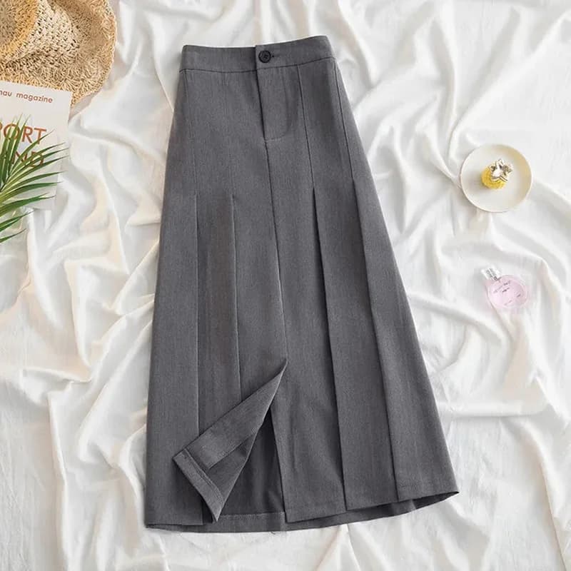 Jupe Longue Plissée Noire et Grise pour Femme, Style Japonais, Taille Haute, Midi, Streetwear de Bur