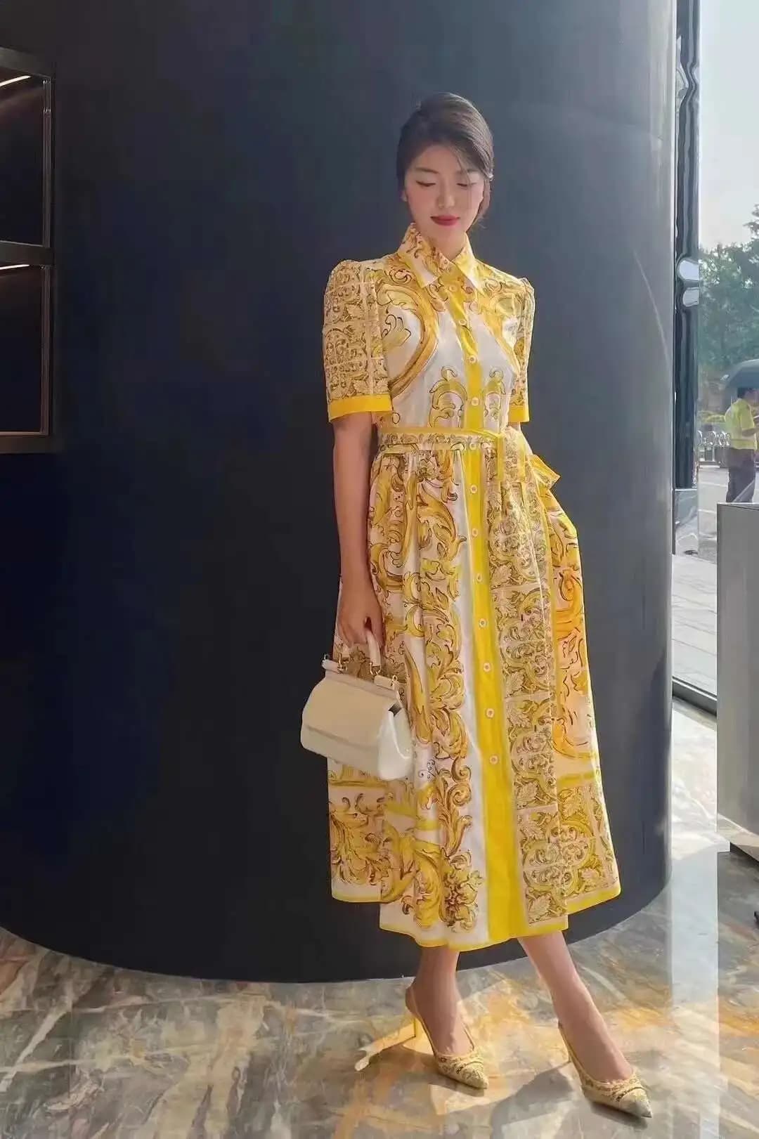 JAMERARY-Robe Mi-Longue à Fleurs Dorées pour Femme, Chemise à Simple Boutonnage, lèvent de Perles, M