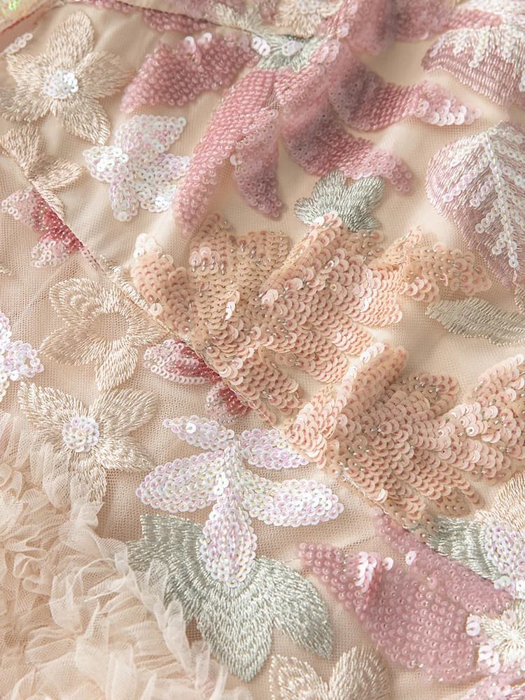 DSXDFACAIRIJ femmes paillettes fleur broderie col rond manches évasées à volants Vintage robe de bal