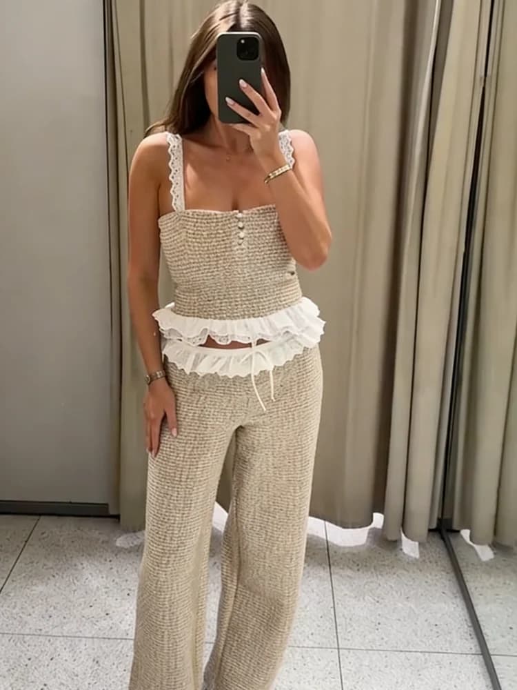 Ensemble décontracté élégant 2 pièces pour femme : Haut court à bretelles fines et volants, pantalon