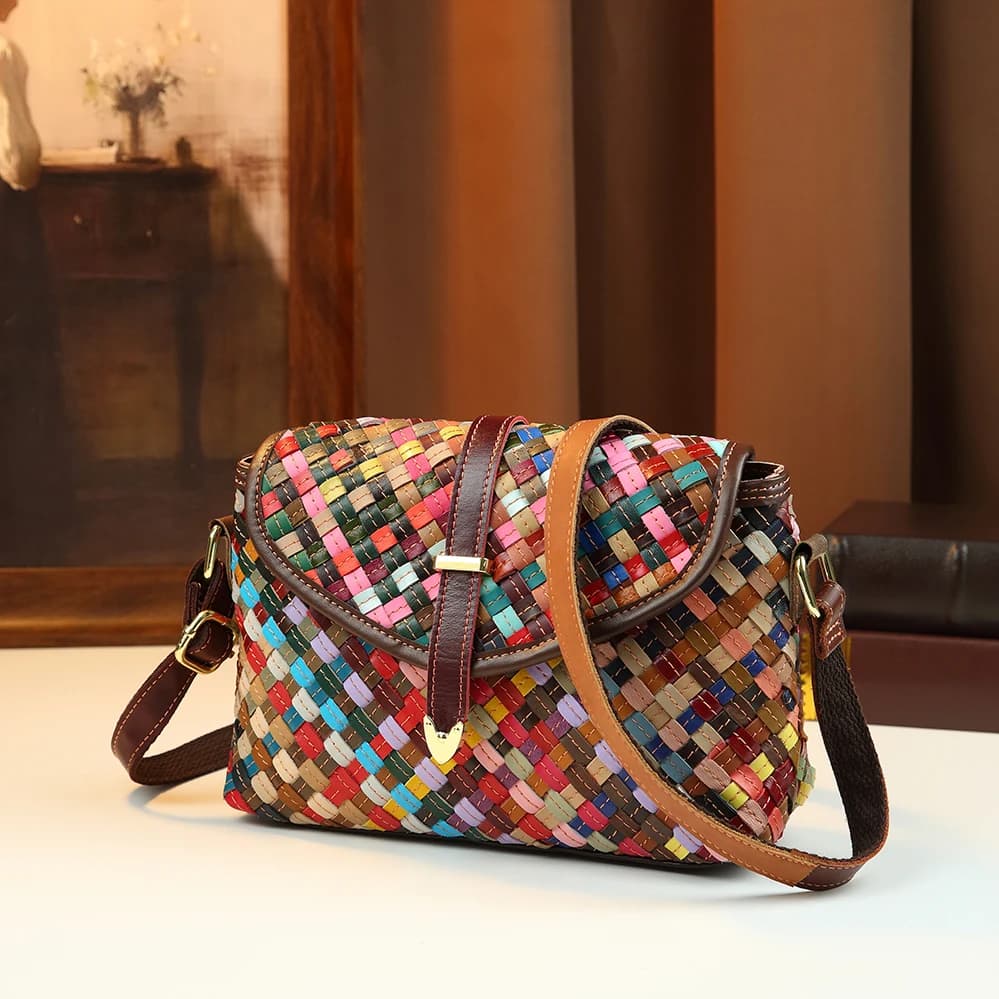 Sac bandoulière bohème en cuir véritable tissé à la main pour femme, style ethnique, sac à bandouliè