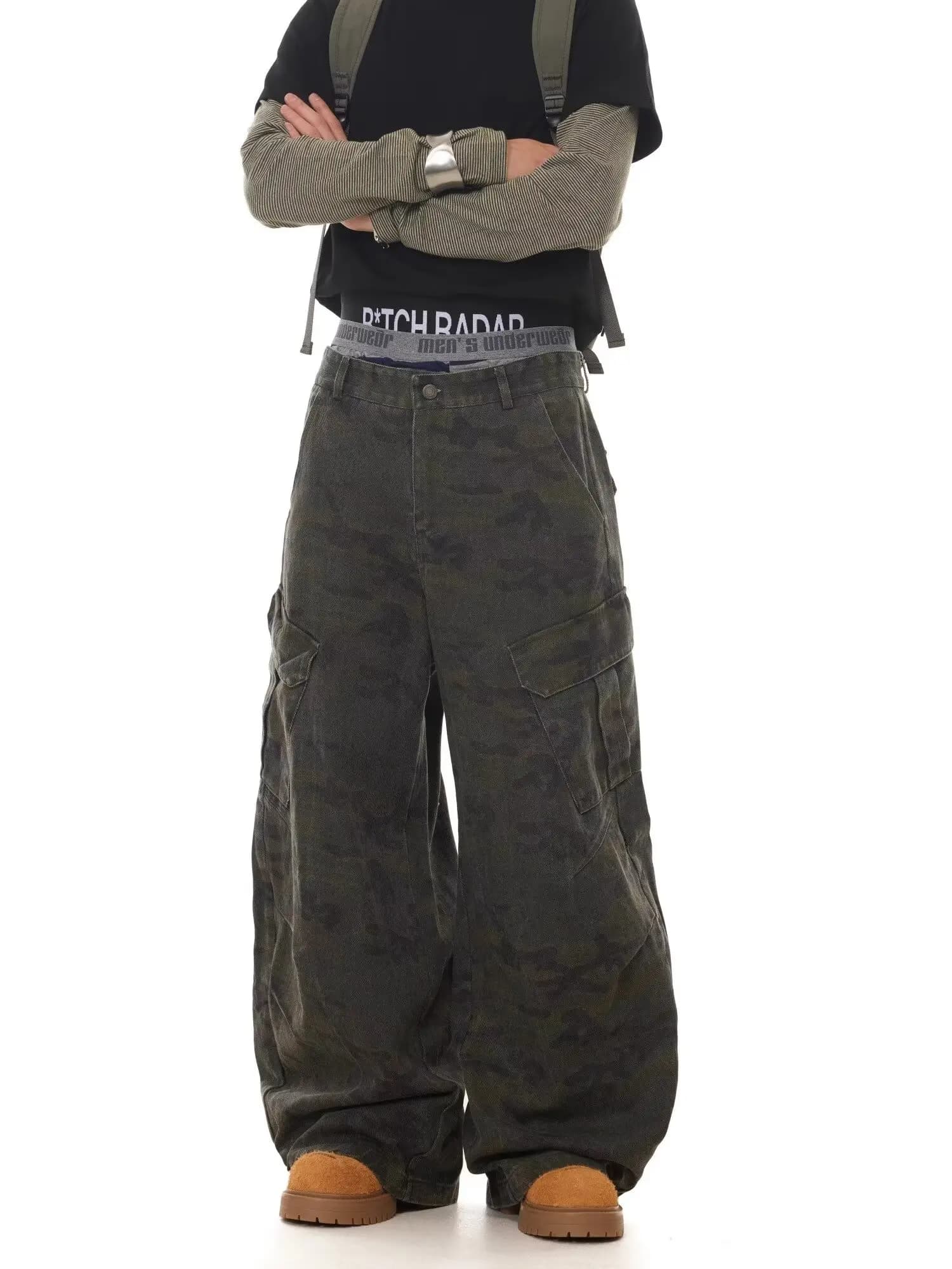 Américain rétro multi-poches Camouflage Silhouette cimandre jean Niche Baggy jambe large faucille pa