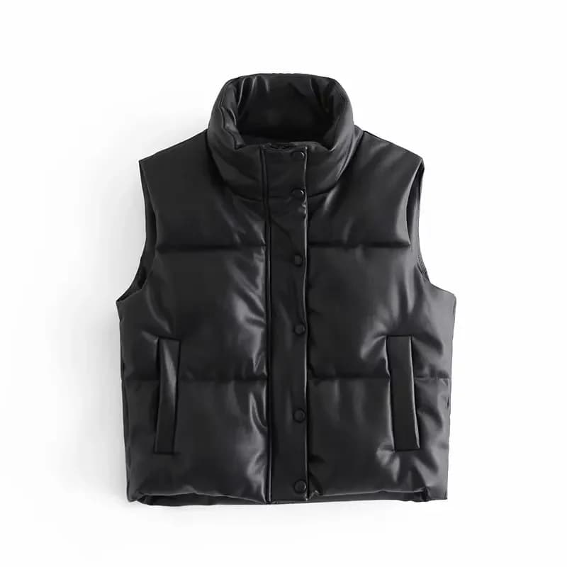 Veste en similicuir PU pour femme, gilet en duvet, PU noir, glaçure bouffante, parkas optiques, stre