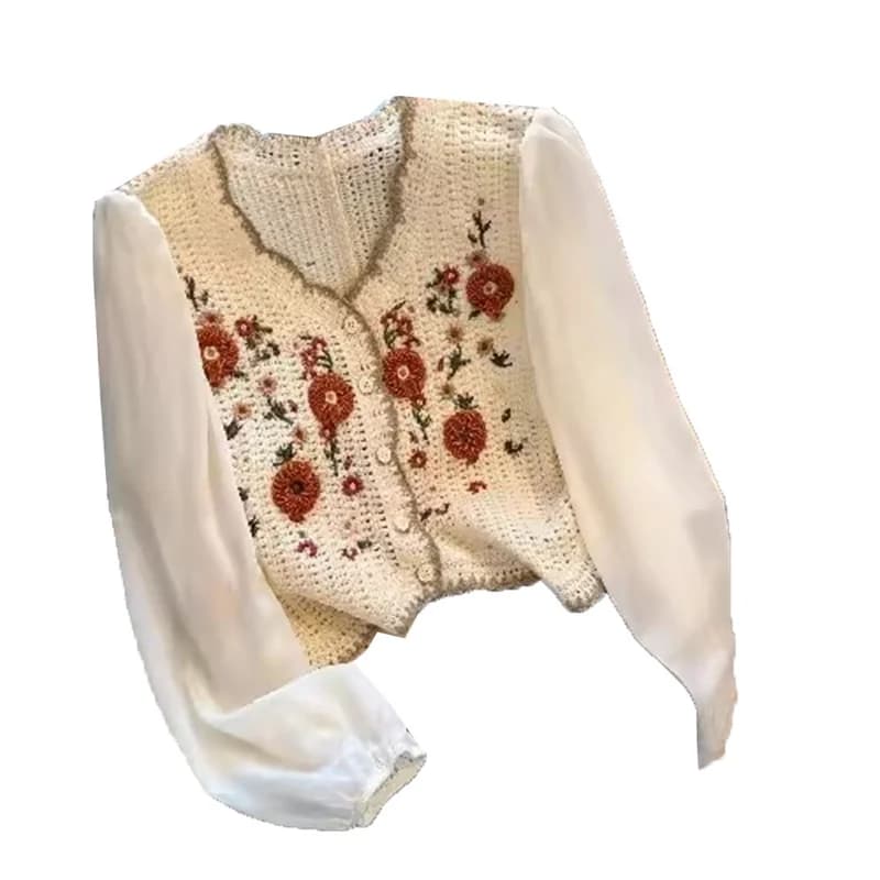 Cardigan Brodé Rétro à Manches sulfpour Femme, Petit et Faux Deux, Top, Pull, Printemps et Automne