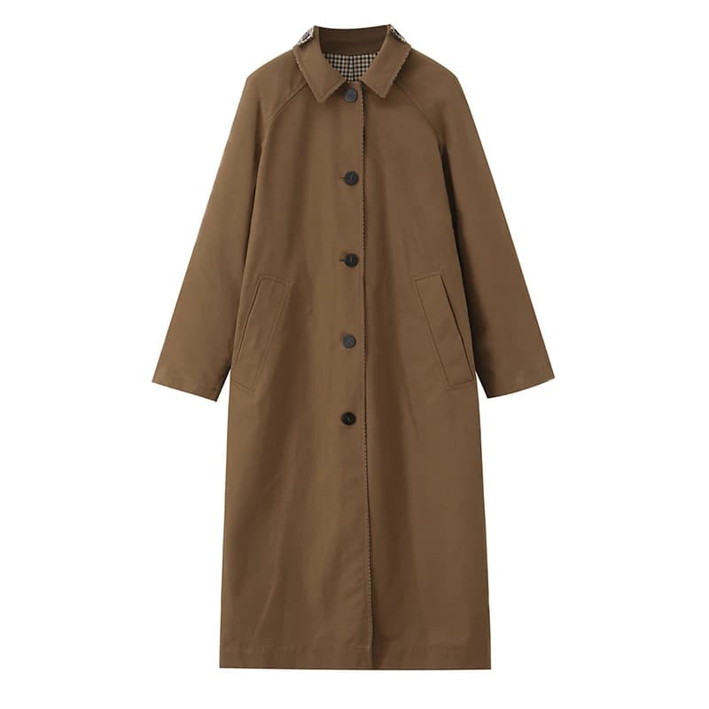 Vestes longues à carreaux Double face pour femmes, Trench-Coat à manches longues et simple boutonnag