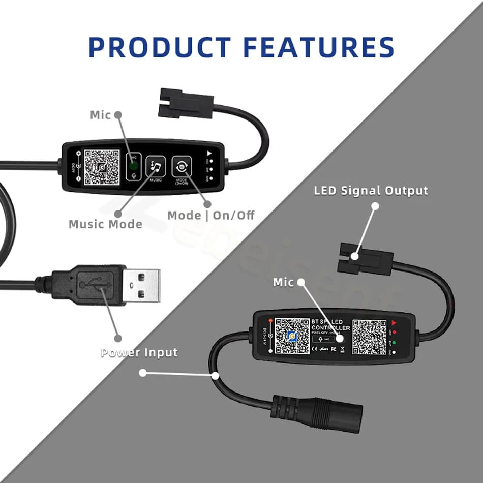 Contrôleur de musique LED DC/USB Bluetooth SPI 5V 12V 24V 2048 pixels, application intelligente, var
