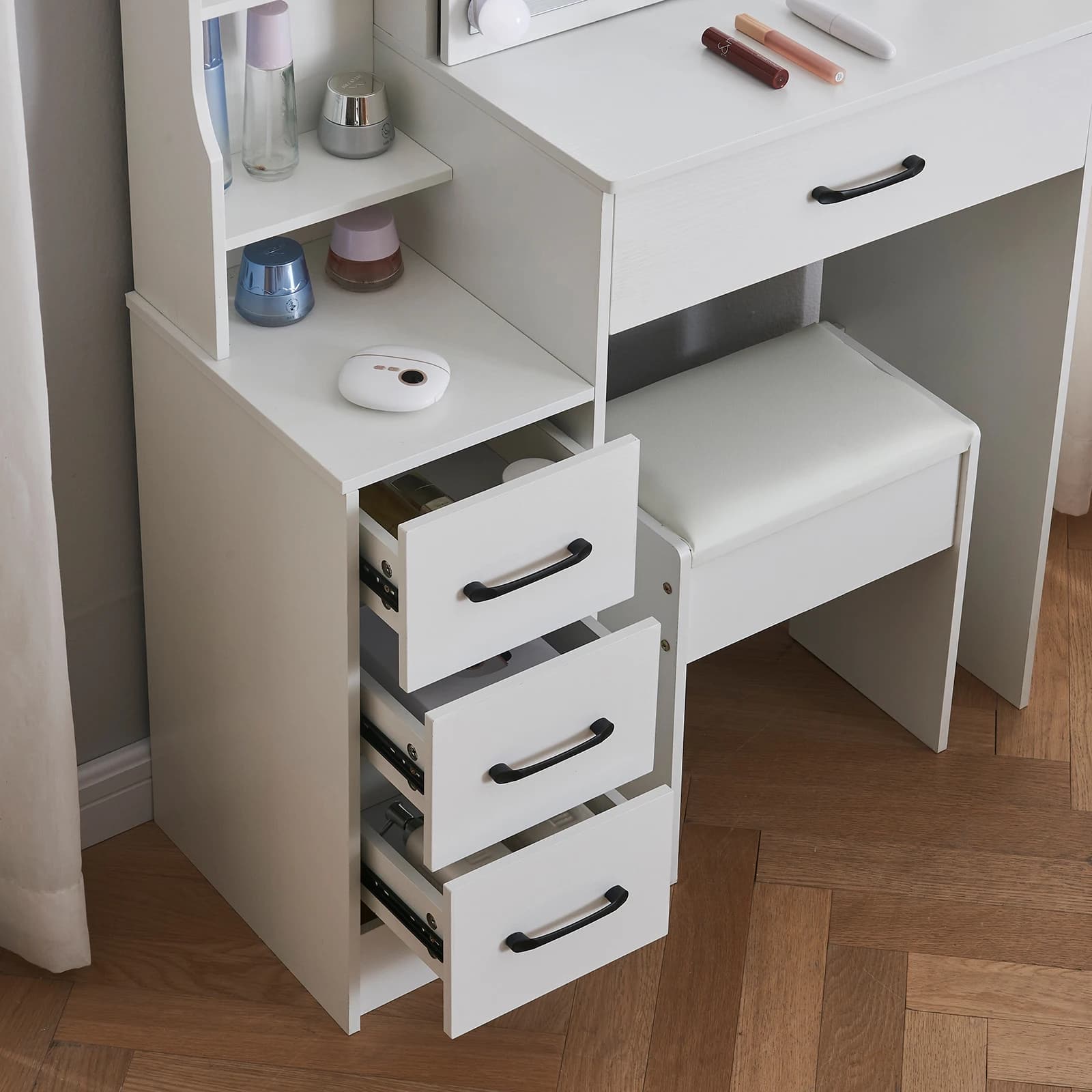 Commode avec miroir à ampoule LED, ensemble de vanité avec 4 portes de proximité, 3 motifs lumineux 