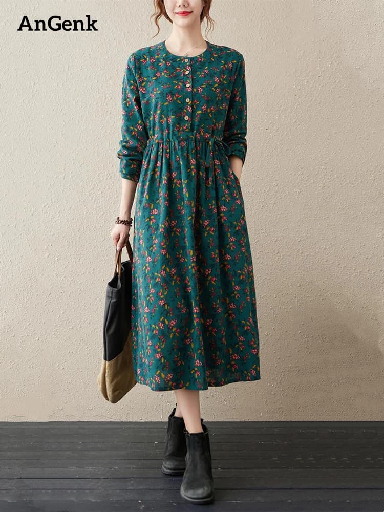Robes à manches longues en coton et lin à imprimé floral vintage pour femmes, nouvelle collection pr