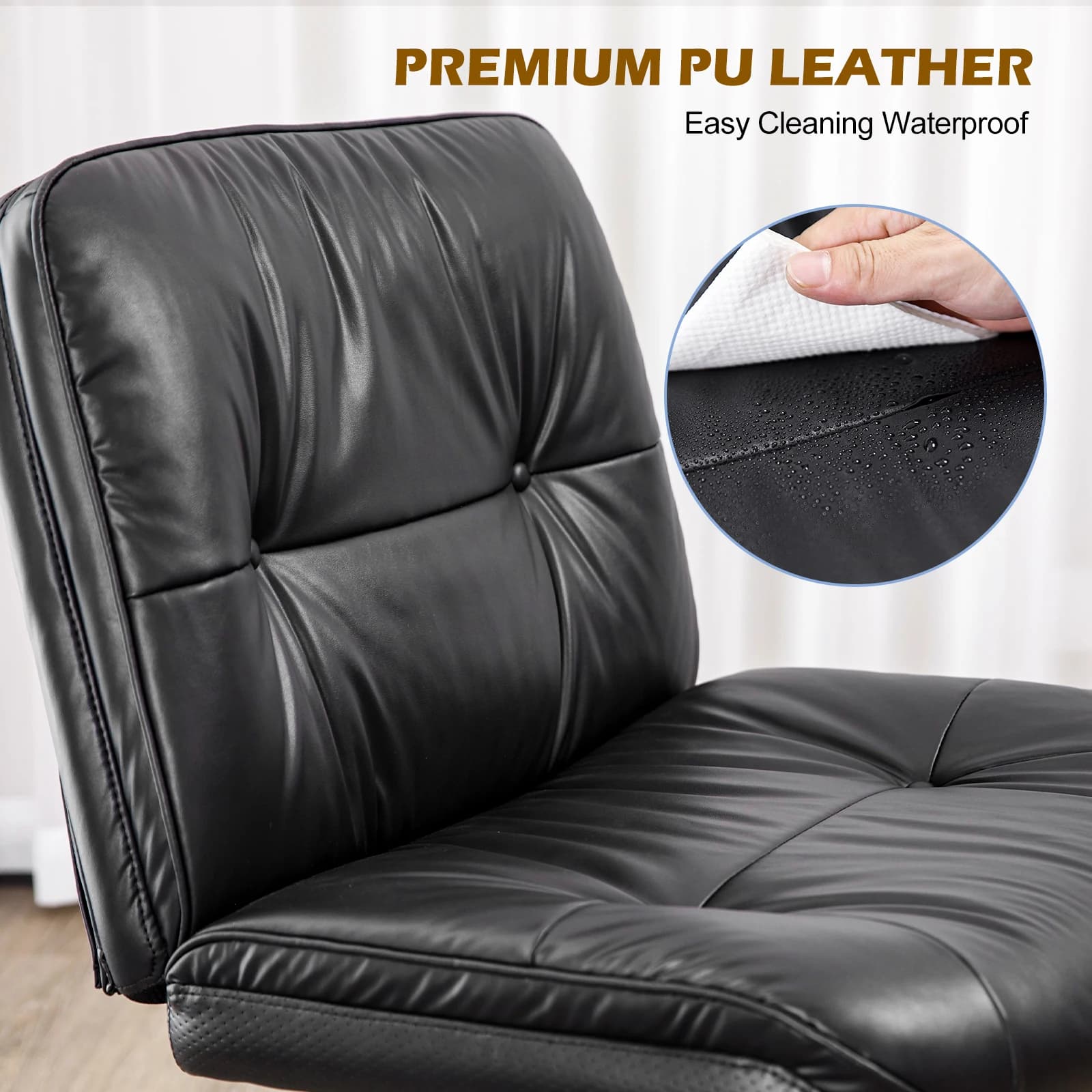 JHK – chaise de bureau en cuir PU à jambes croisées, avec roulettes, sans accoudoirs, siège large pi