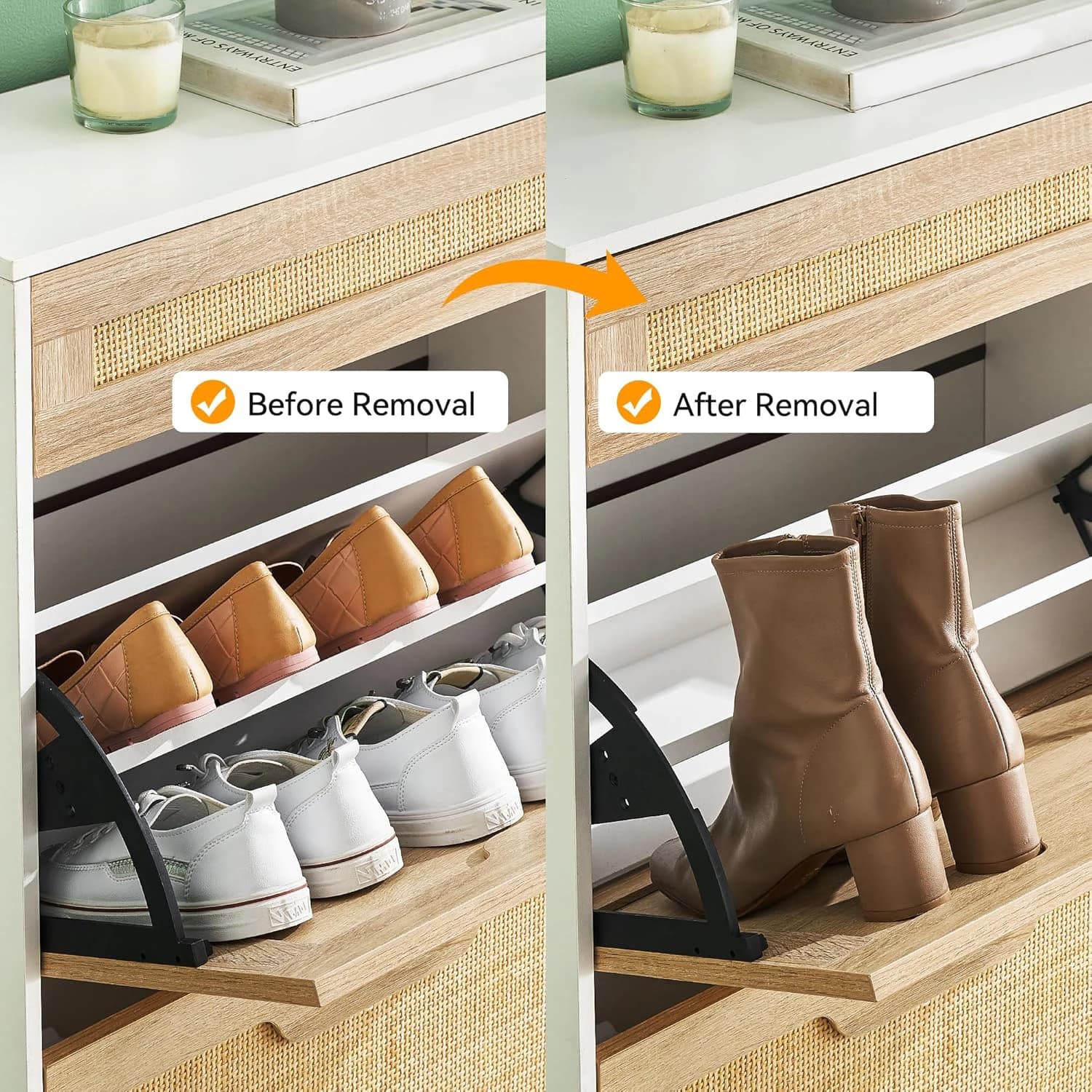 Armoire à chaussures cachée en rotin avec 2 portes rabattables, 1 tiroir, rangement de chaussures d'