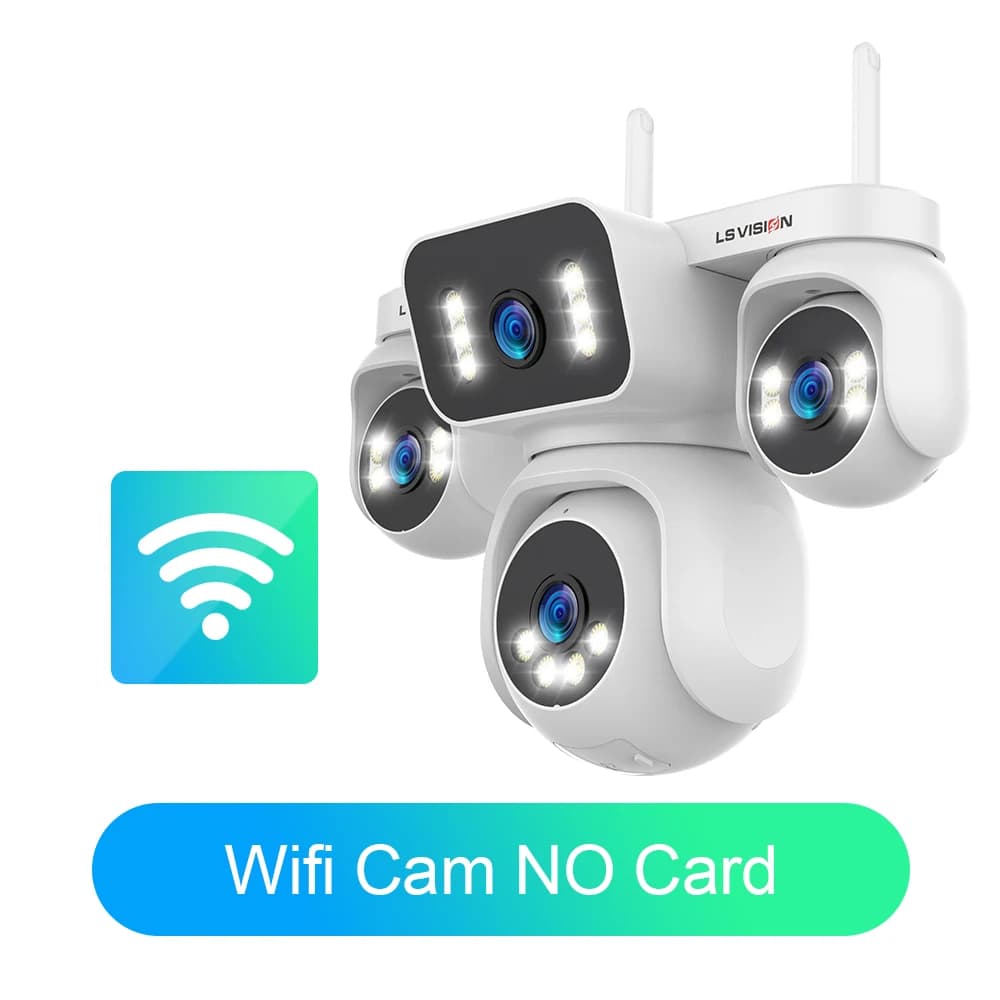 LS VISION Caméra de sécurité intelligente extérieure WiFi à 4 objectifs et 4 écrans avec panoramique