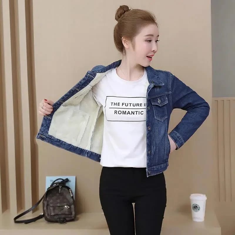 Veste en Jean polaire pour femme, manteau court à grand col en fourrure, doublure en velours épais, 