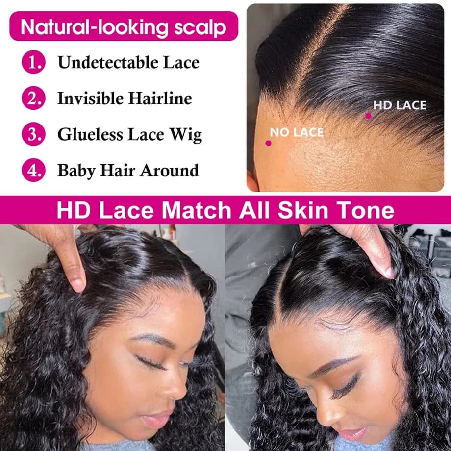Perruque Lace Front Wig Deep Wave Naturelle, Cheveux Humains, 13x6 HD, 30 Pouces