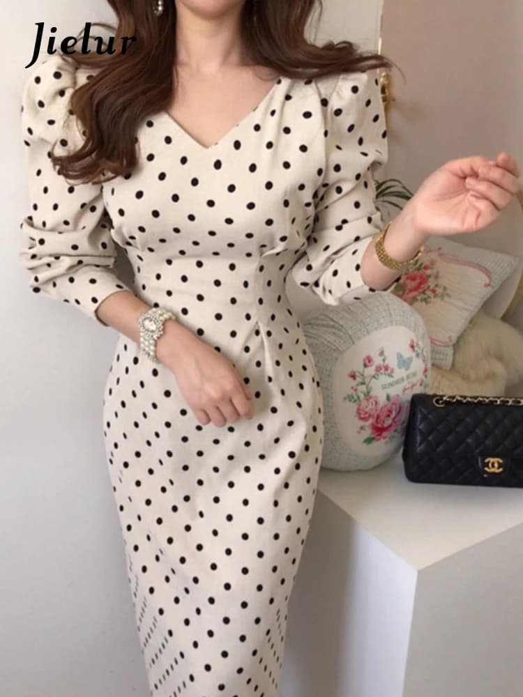 Jielur-Robe en velours côtelé vintage élégante à pois pour femmes, robes mi-longues coréennes à manc