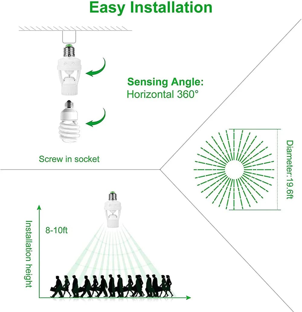 Convertisseur de douille AC100-240V E27 avec capteur de mouvement PIR Ampoule LED E27 Base de lampe 