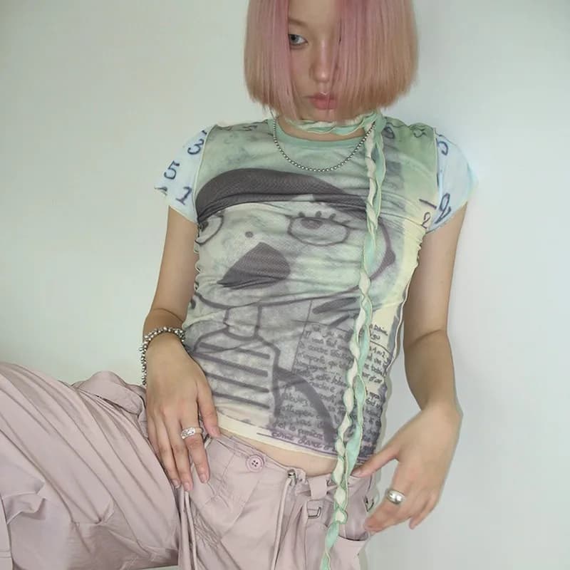 Karrcat-T-shirt en maille grunge et esthétique, Cyber Graphic, Harajuku Fairycore, Bandage Crop Top,
