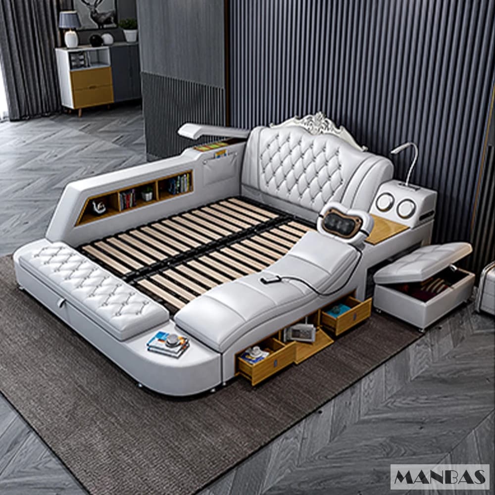 Lit multifonctionnel intelligent MANBAS Ultimate avec cadre en cuir véritable, massage, USB, haut-pa