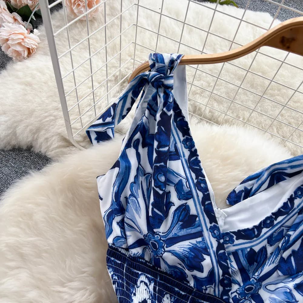 Robe longue de vacances pour femmes, nœud, bretelles Spaghetti, col en V, taille élastique, bleu et 