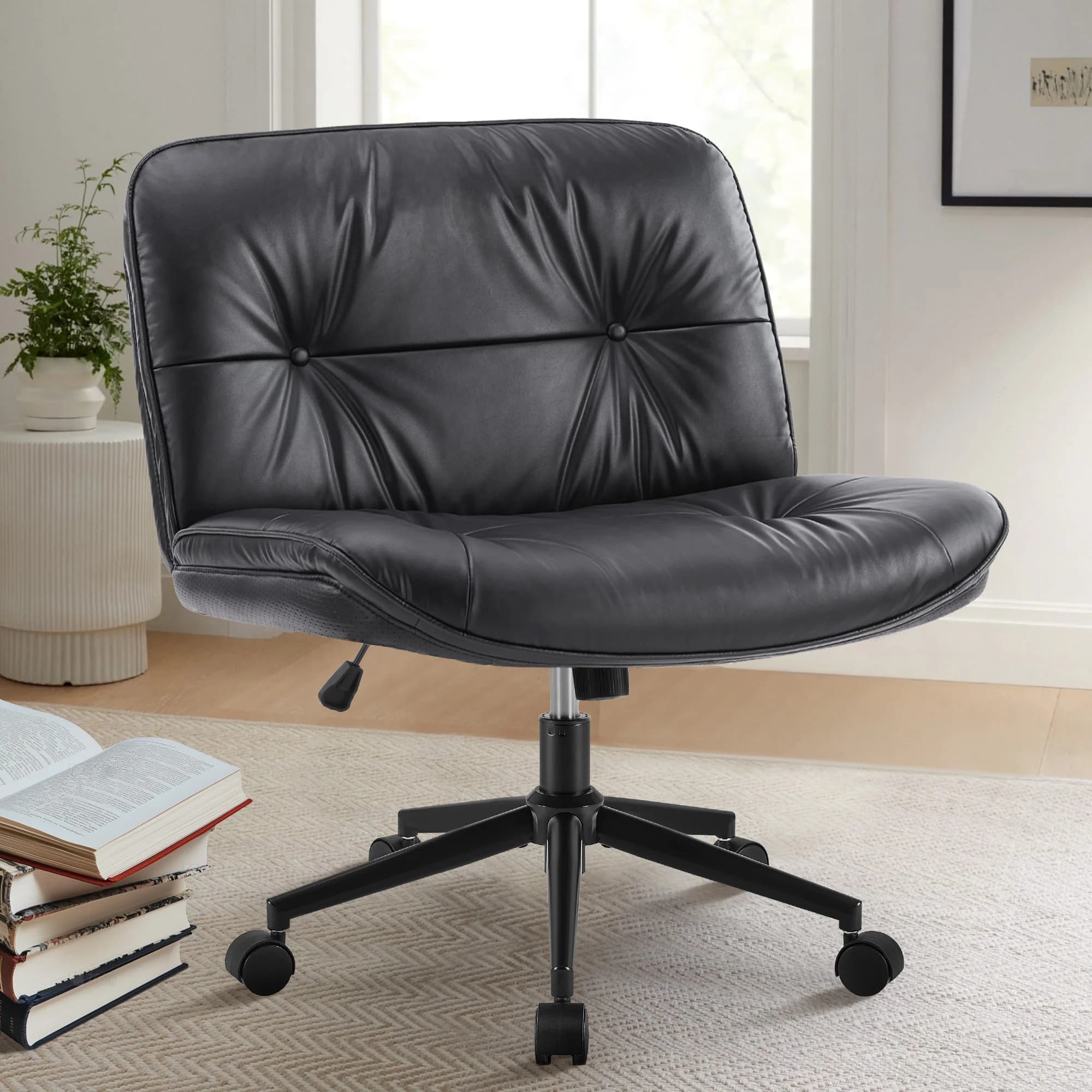 JHK – chaise de bureau en cuir PU à jambes croisées, avec roulettes, sans accoudoirs, siège large pi