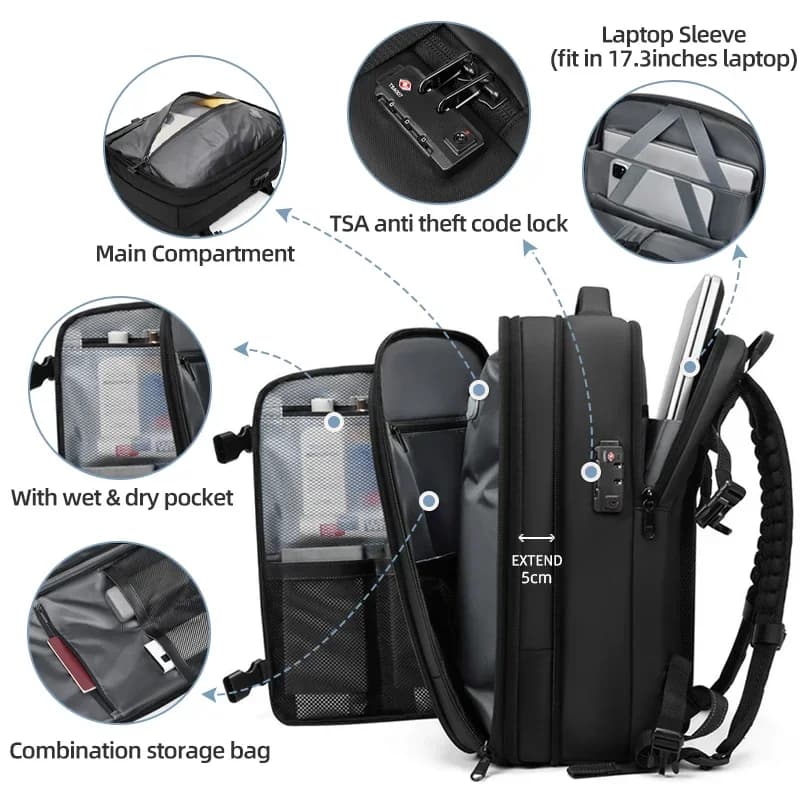 Sac à dos de voyage pour hommes sac à dos pour ordinateur portable à compression sous vide 17 pouces