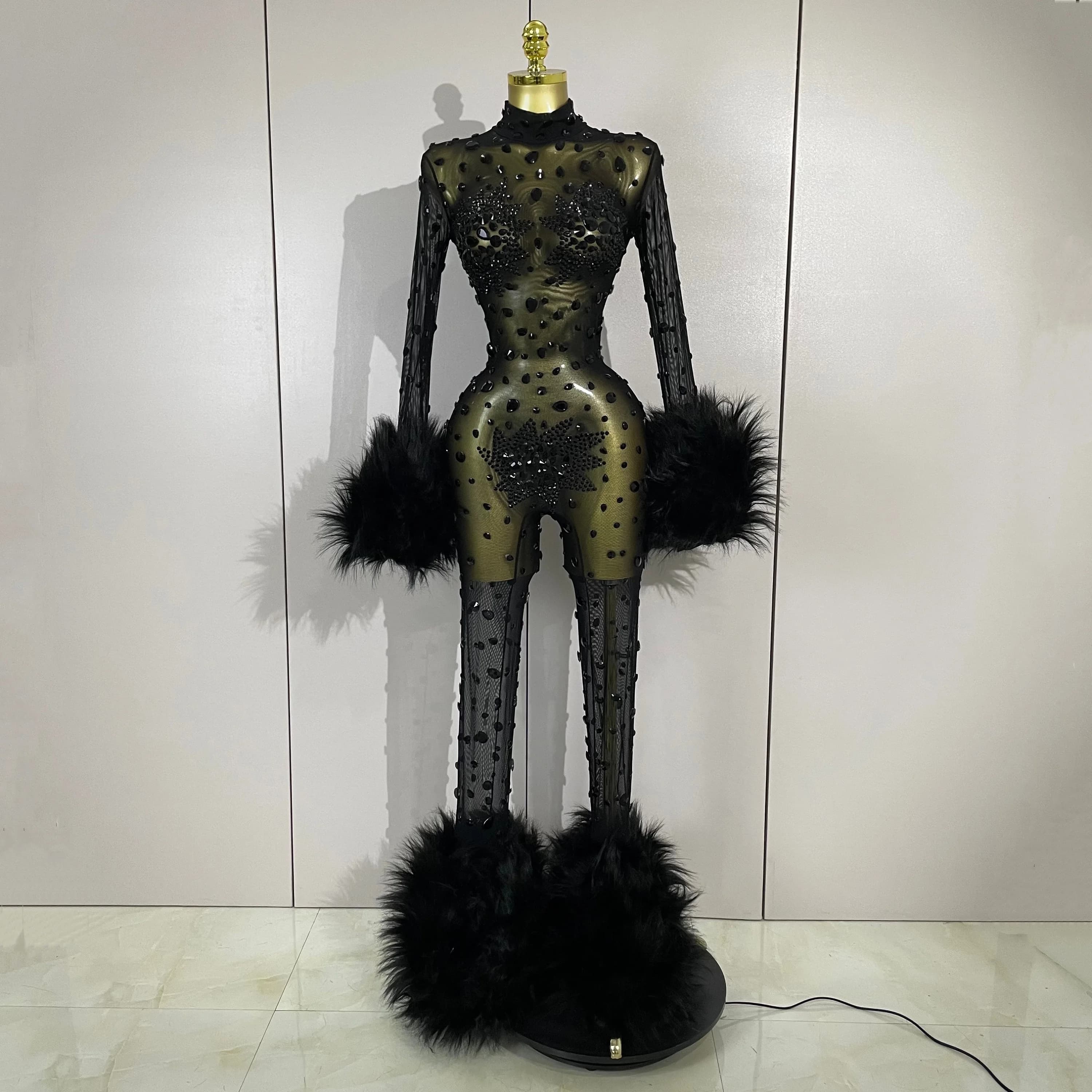 STOCK luxe diamant noir maille Transparent extensible à manches longues combinaison femmes Sexy Perf