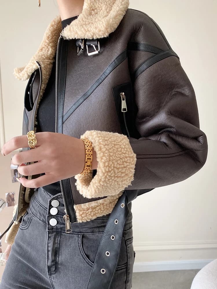 Ailegogo en Fausse Fourrure d'Agneau pour Femme, Streetwear Rétro, Veste avec Ceinture à Fermeture É