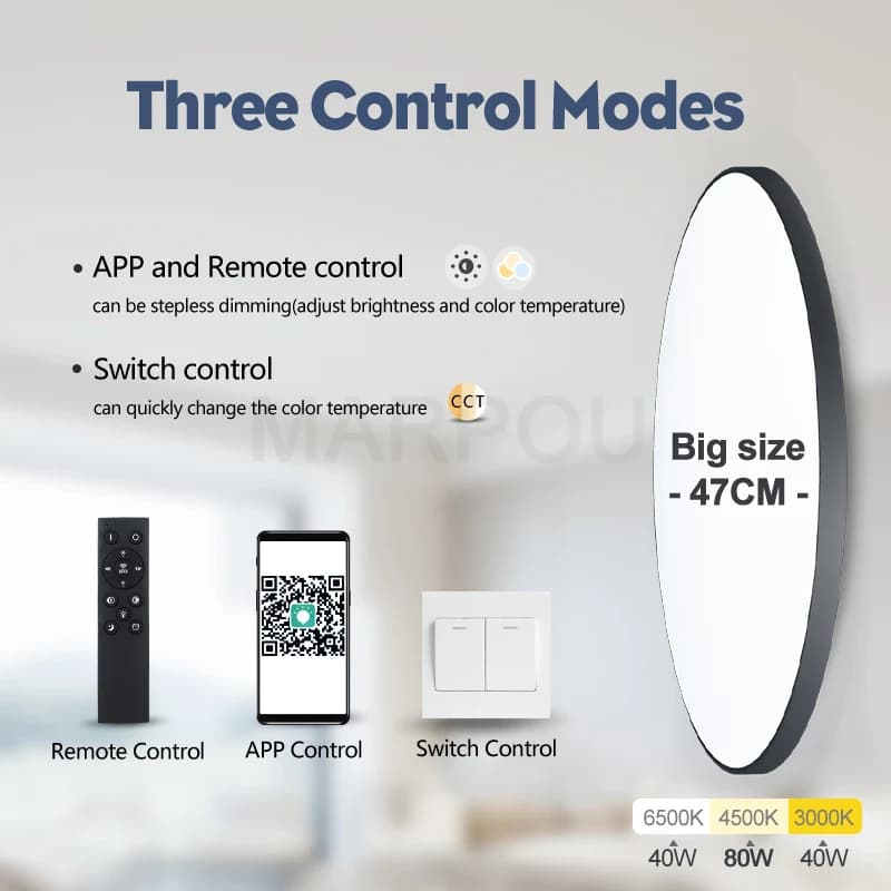 MARPOU grande taille plafonnier intelligent lampe à LED pour chambre 80W plafonniers avec télécomman