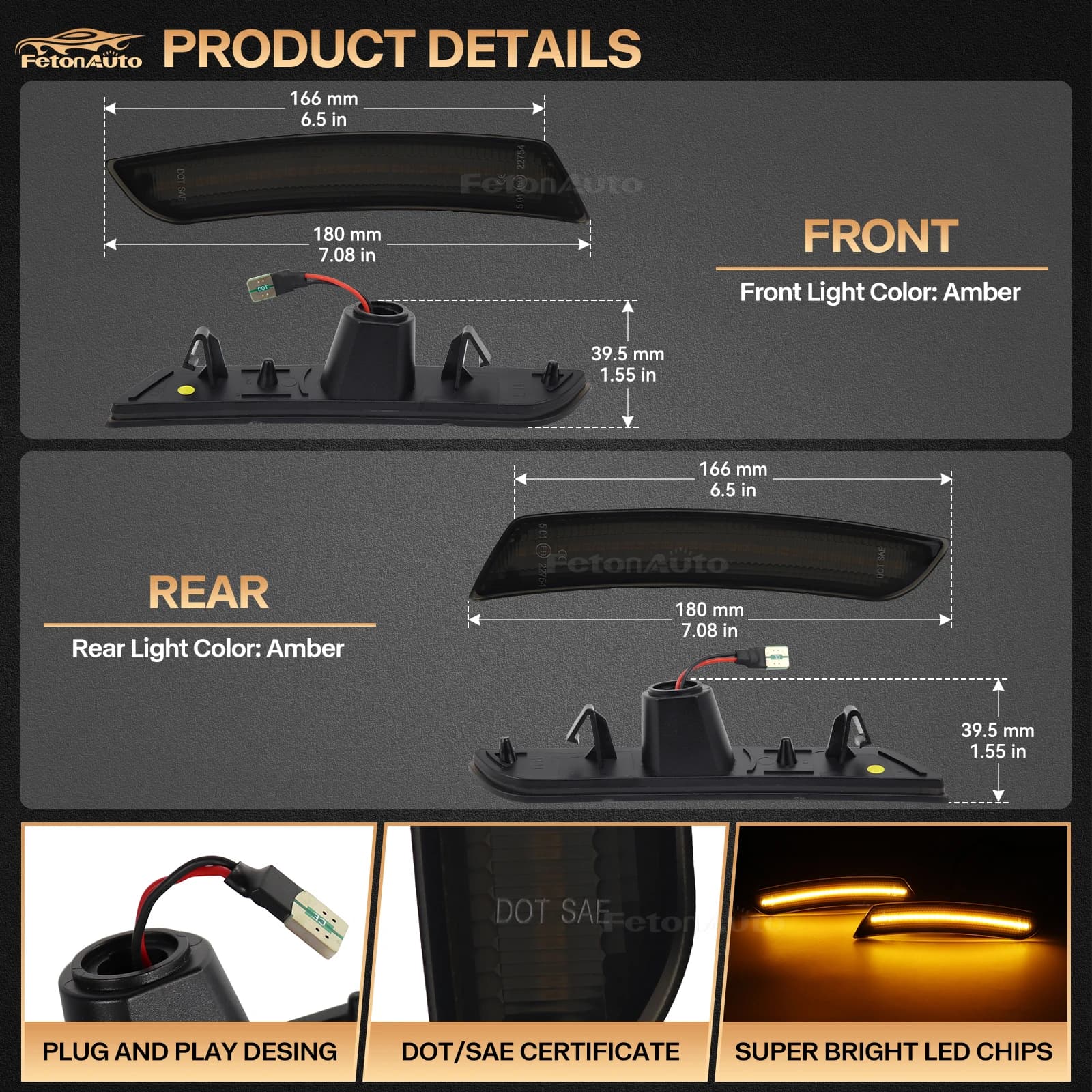 Kit de feux de position latéraux de voiture à LED complète, feux de passage de roue, avant ambre arr