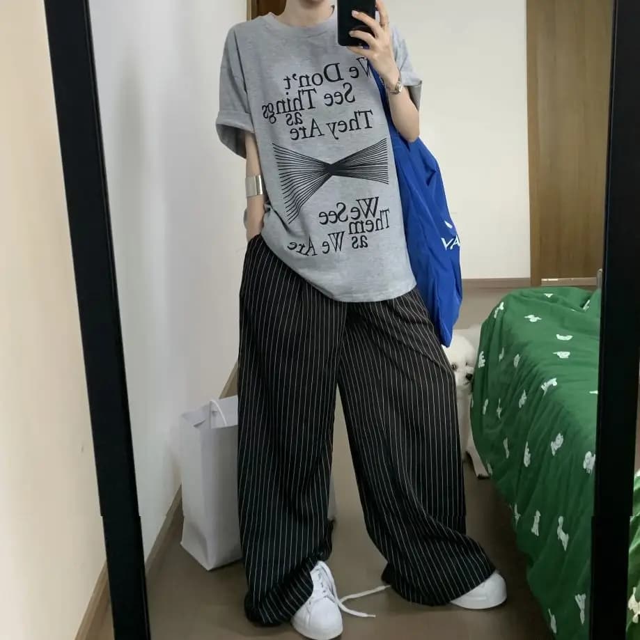 2025 printemps décontracté rayé imprimé taille haute jambe large Patchwork pantalon femmes Baggy mod