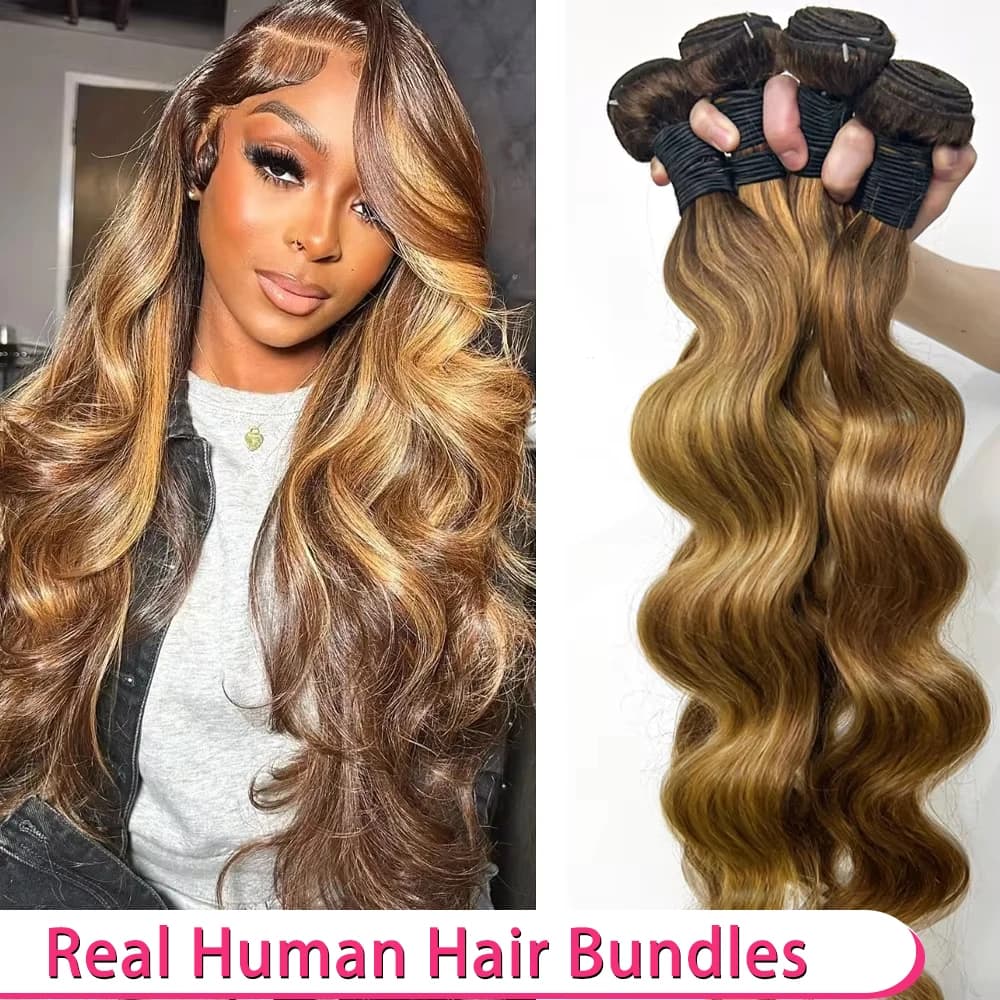 Extensions de cheveux humains naturels bruts Remy, Ondulation Body Wave, Couleur Ombrée avec mèches 