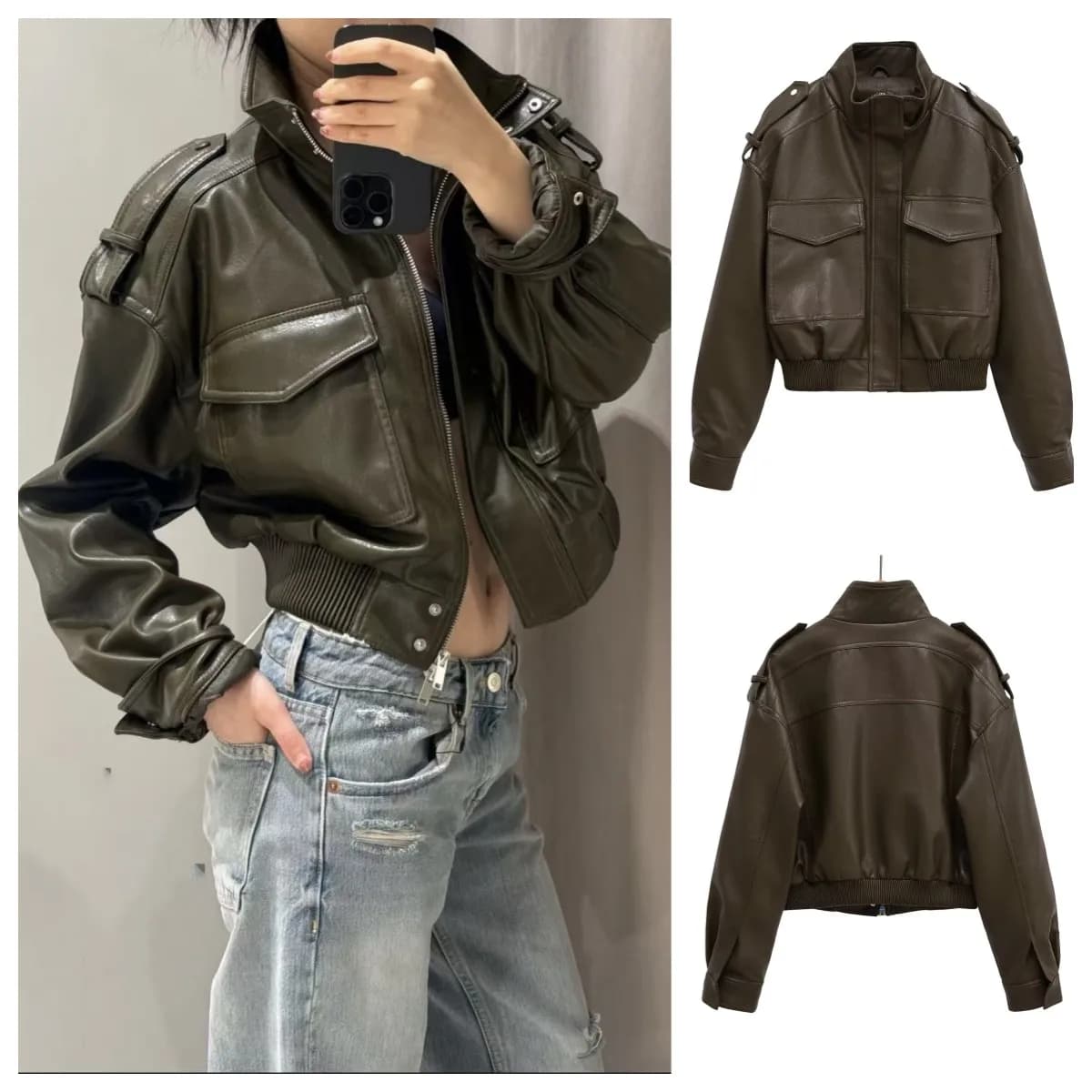 ETJ 2025 Nouvelle collection femme : veste courte moto col montant Y2K grande poche veste en simili 